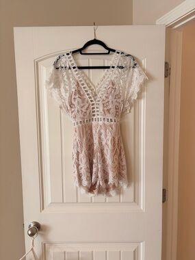 Life Clothing Co. White Lace V-Neck Romper with Nude Lining